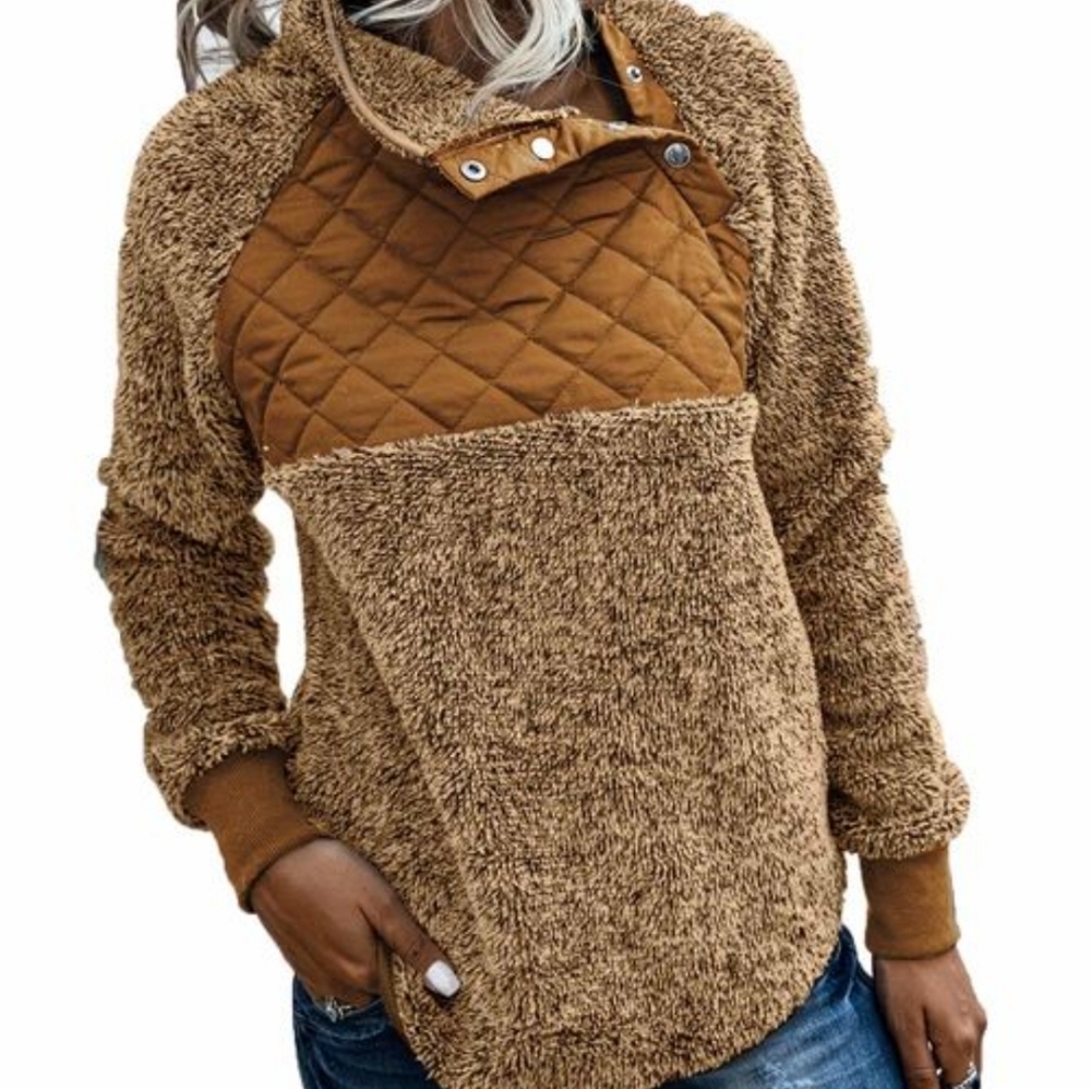 Tan Sherpa Pullover with Diagonal Button Down Collar and Plush Diamond Pattern
